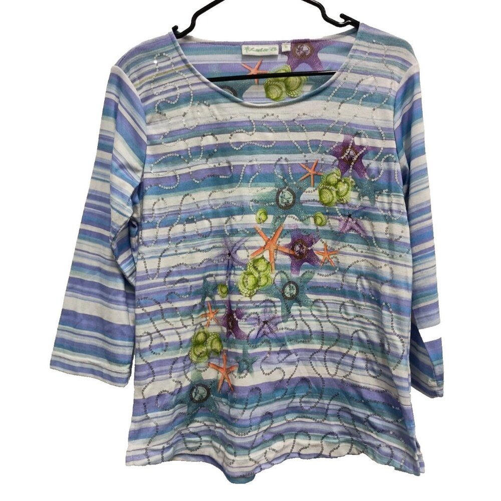 Lulu B Womens Wearable Art Top Medium Blue Striped Seashell Coastal 3/4 Sleeve